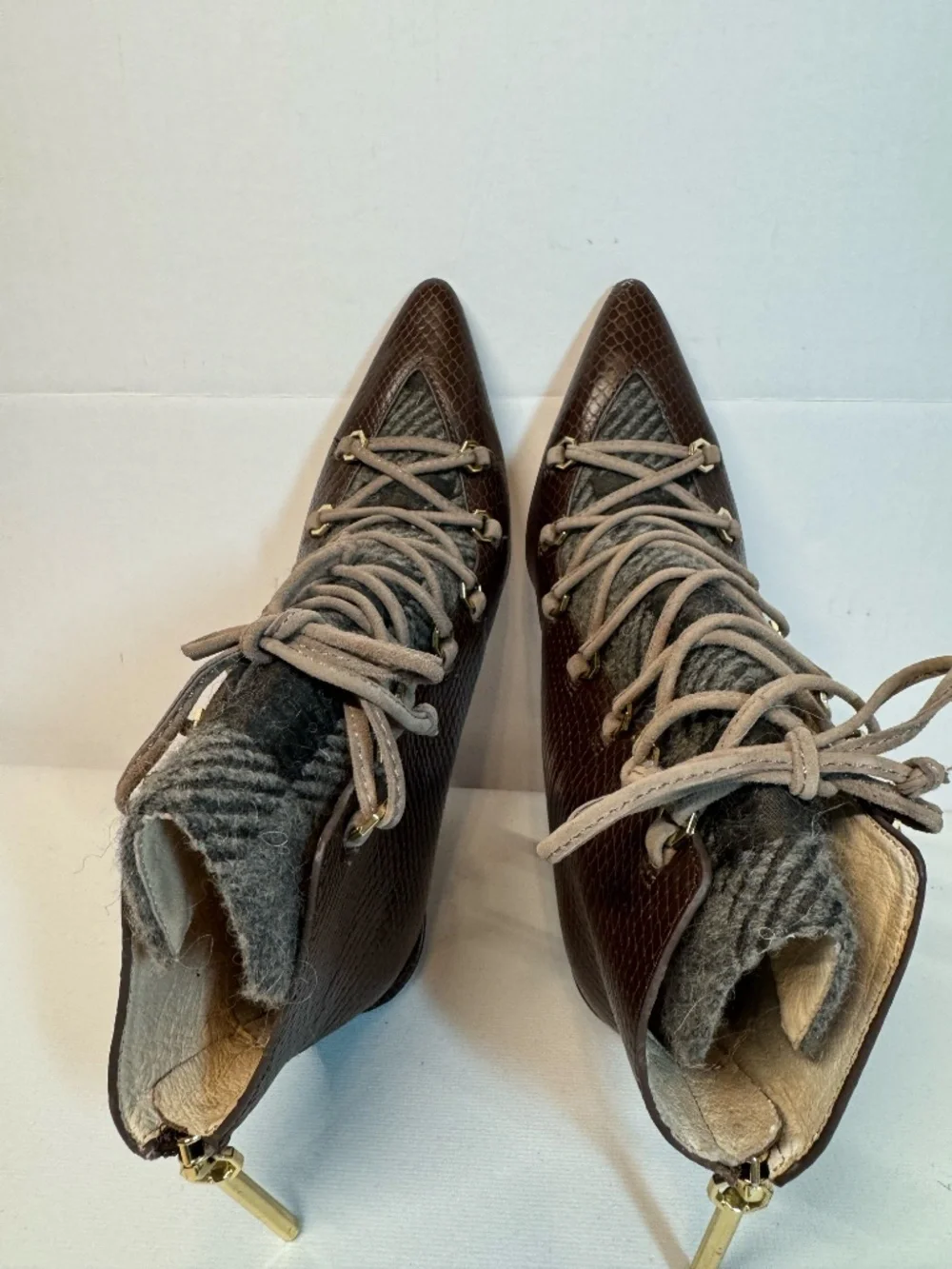 Louise et Cie Brown Reptile Lace Up Pointed Toe Wool Booties 6.5
